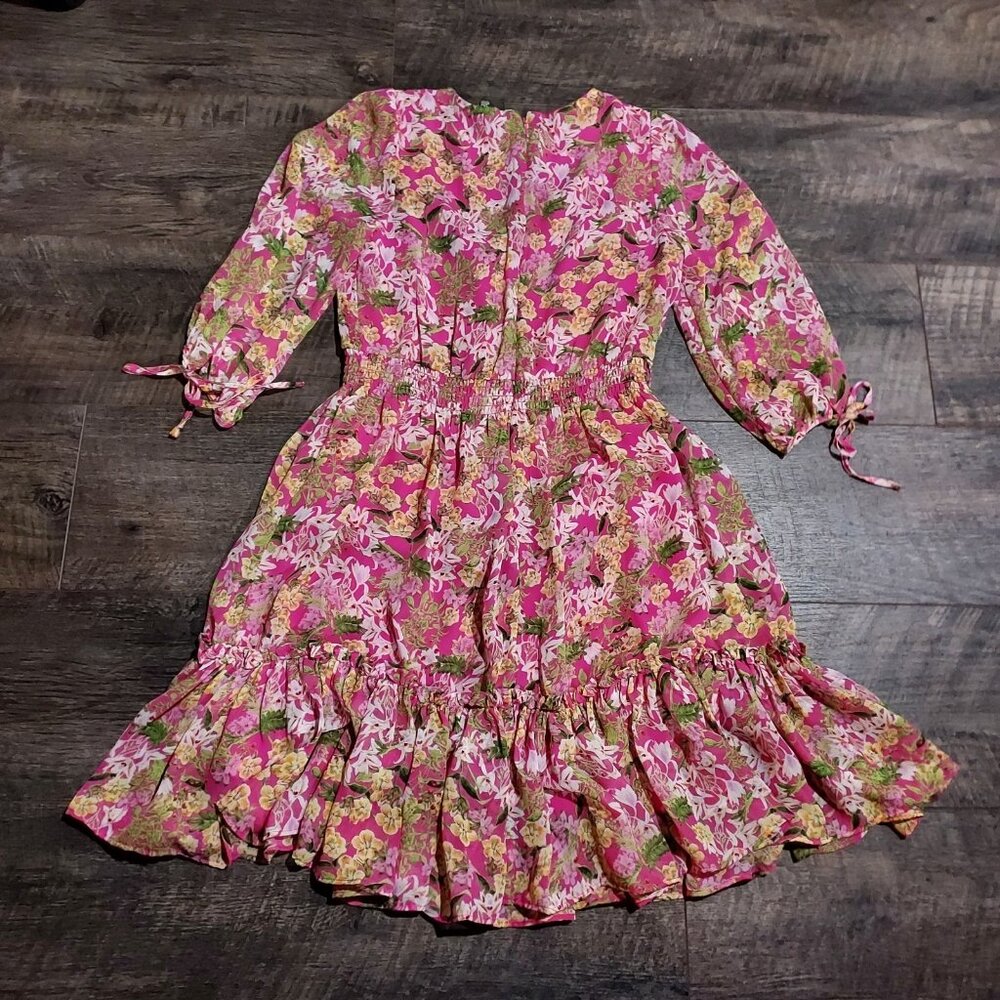 Fairycore Taylor Pink Floral 3/4 Sleeve V-Neck Button Ruffle Smocked Mini Dress - Picture 4 of 13